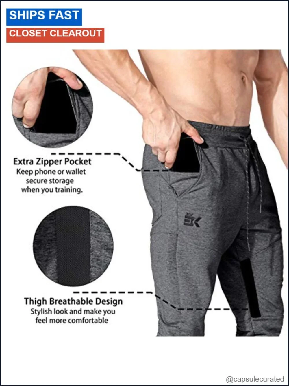 Men's Fitted Gym Joggers Tapered Track Pants with Ankle Zips & Hidden Pocket